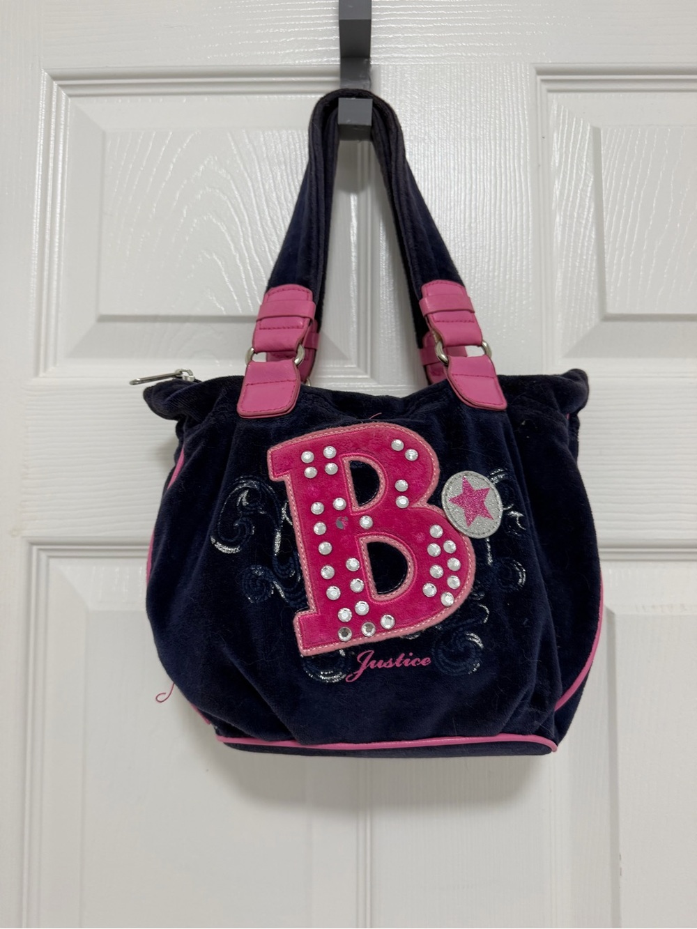 Justice Velvet Rhinestone B Shoulder Bag Y2K Pink & Navy